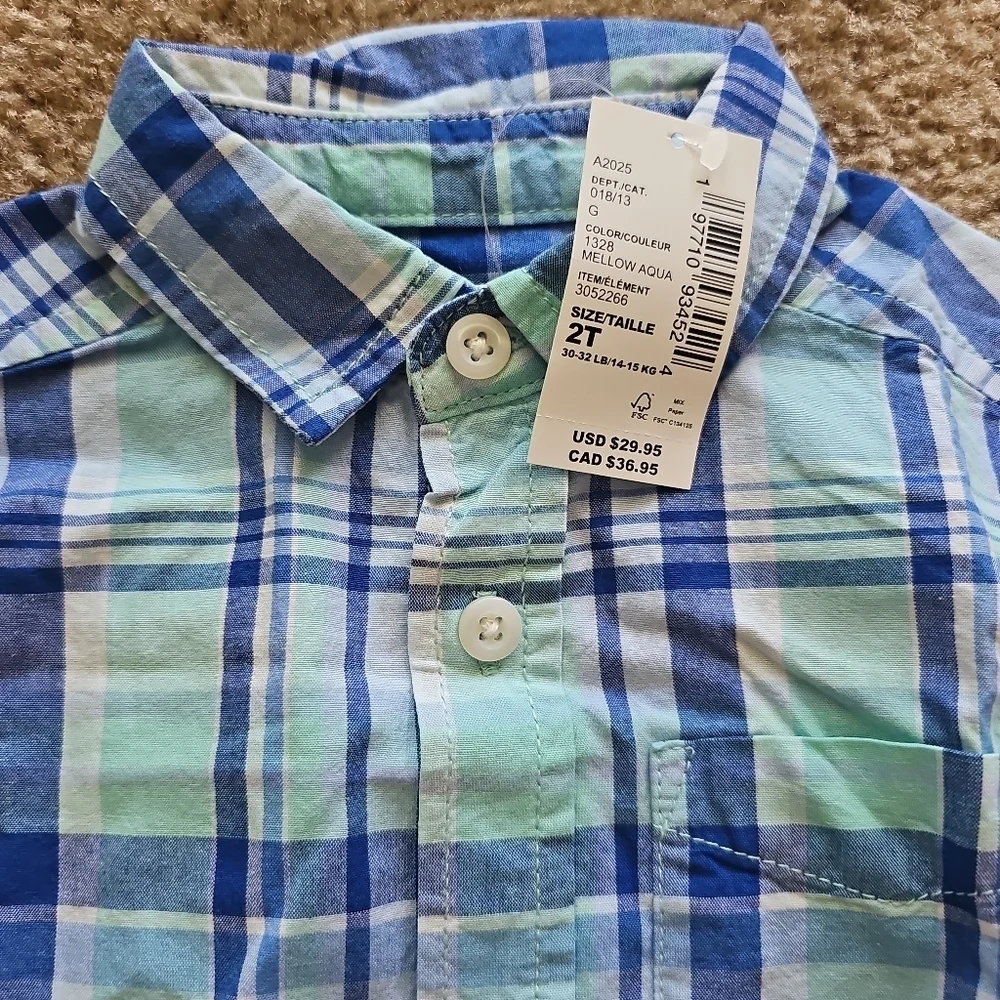 The Children's Place Boys Plaid Button-Up Shirt 2T Blue Long Sleeve